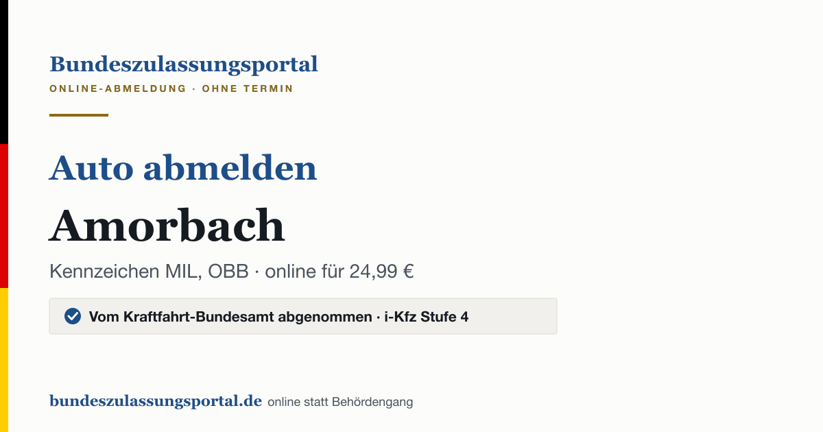 Auto abmelden Amorbach online (Kennzeichen MIL, OBB): Grafik des Bundes Zulassungsportals, 24,99 € inklusive Gebühren