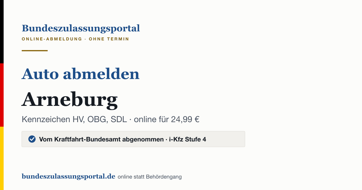 Auto abmelden Arneburg online (Kennzeichen HV, OBG, SDL): Grafik des Bundes Zulassungsportals, 24,99 € inklusive Gebühren