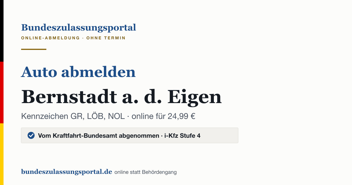 Auto abmelden Bernstadt a. d. Eigen online (Kennzeichen GR, LÖB, NOL): Grafik des Bundes Zulassungsportals, 24,99 € inklusive Gebühren