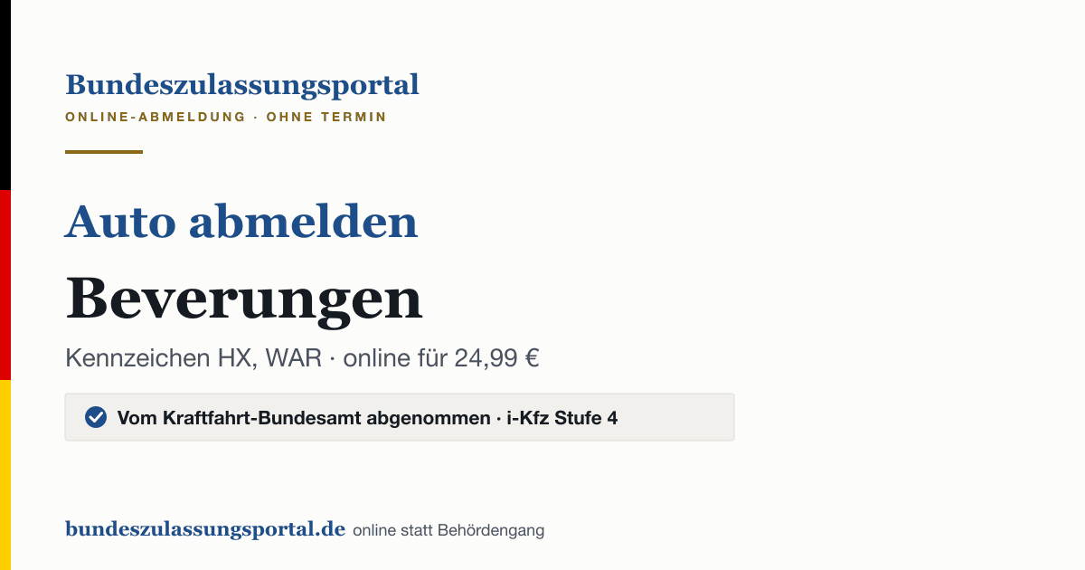 Auto abmelden Beverungen online (Kennzeichen HX, WAR): Grafik des Bundes Zulassungsportals, 24,99 € inklusive Gebühren