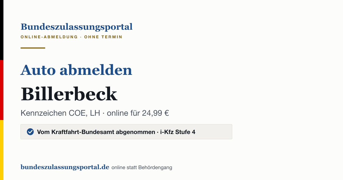 Auto abmelden Billerbeck online (Kennzeichen COE, LH): Grafik des Bundes Zulassungsportals, 24,99 € inklusive Gebühren