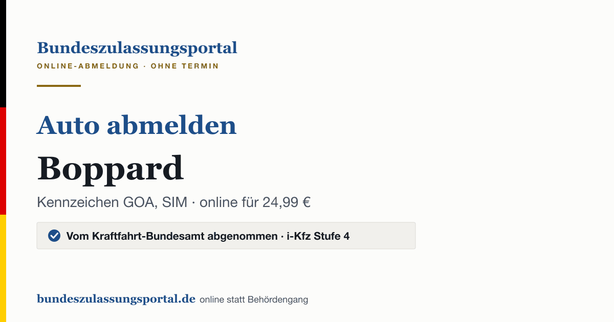 Auto abmelden Boppard online (Kennzeichen GOA, SIM): Grafik des Bundes Zulassungsportals, 24,99 € inklusive Gebühren