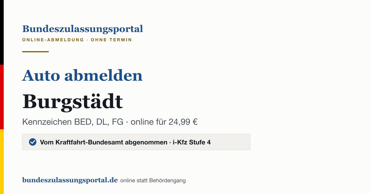 Auto abmelden Burgstädt online (Kennzeichen BED, DL, FG): Grafik des Bundes Zulassungsportals, 24,99 € inklusive Gebühren
