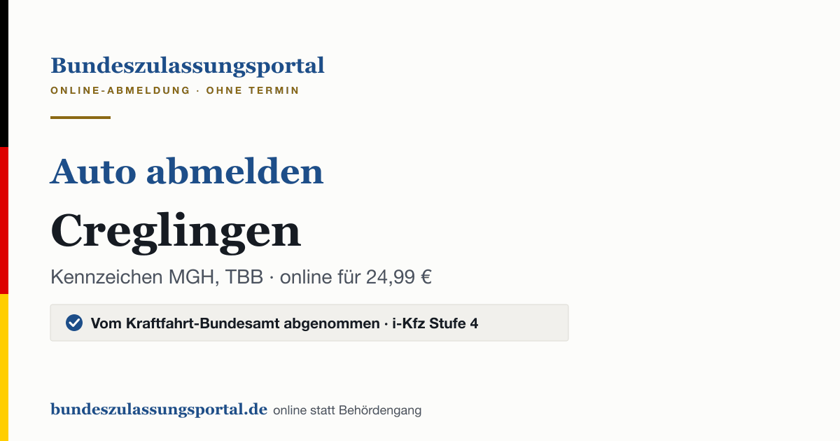 Auto abmelden Creglingen online (Kennzeichen MGH, TBB): Grafik des Bundes Zulassungsportals, 24,99 € inklusive Gebühren