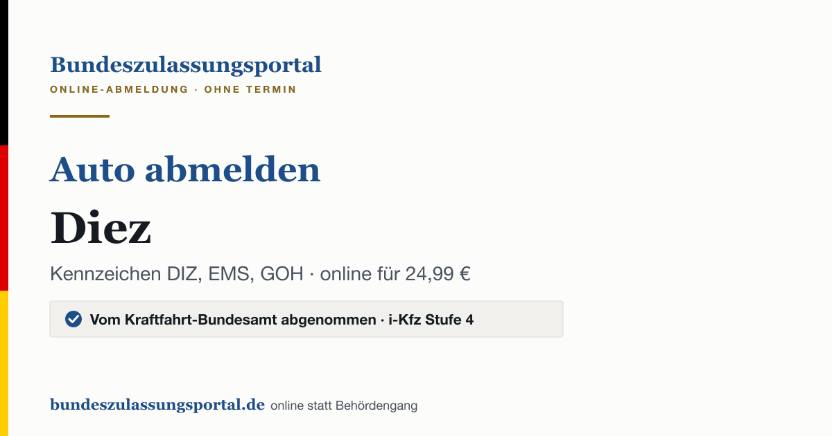 Auto abmelden Diez online (Kennzeichen DIZ, EMS, GOH): Grafik des Bundes Zulassungsportals, 24,99 € inklusive Gebühren