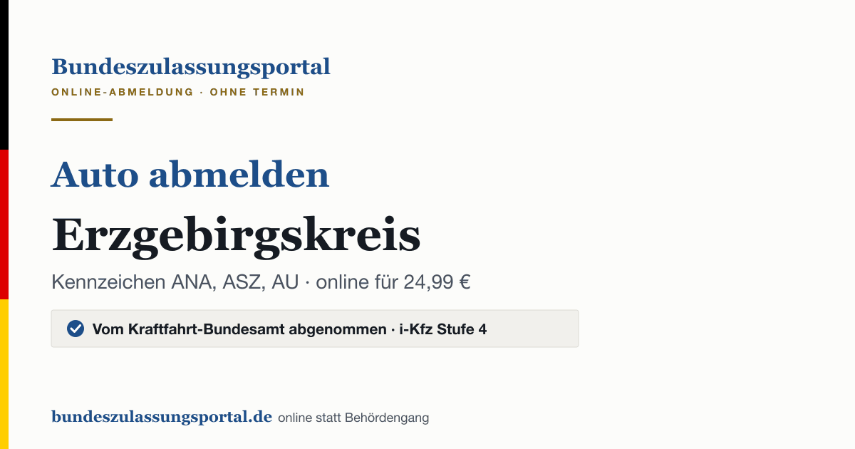 Auto abmelden Erzgebirgskreis online (Kennzeichen ANA, ASZ, AU): Grafik des Bundes Zulassungsportals, 24,99 € inklusive Gebühren