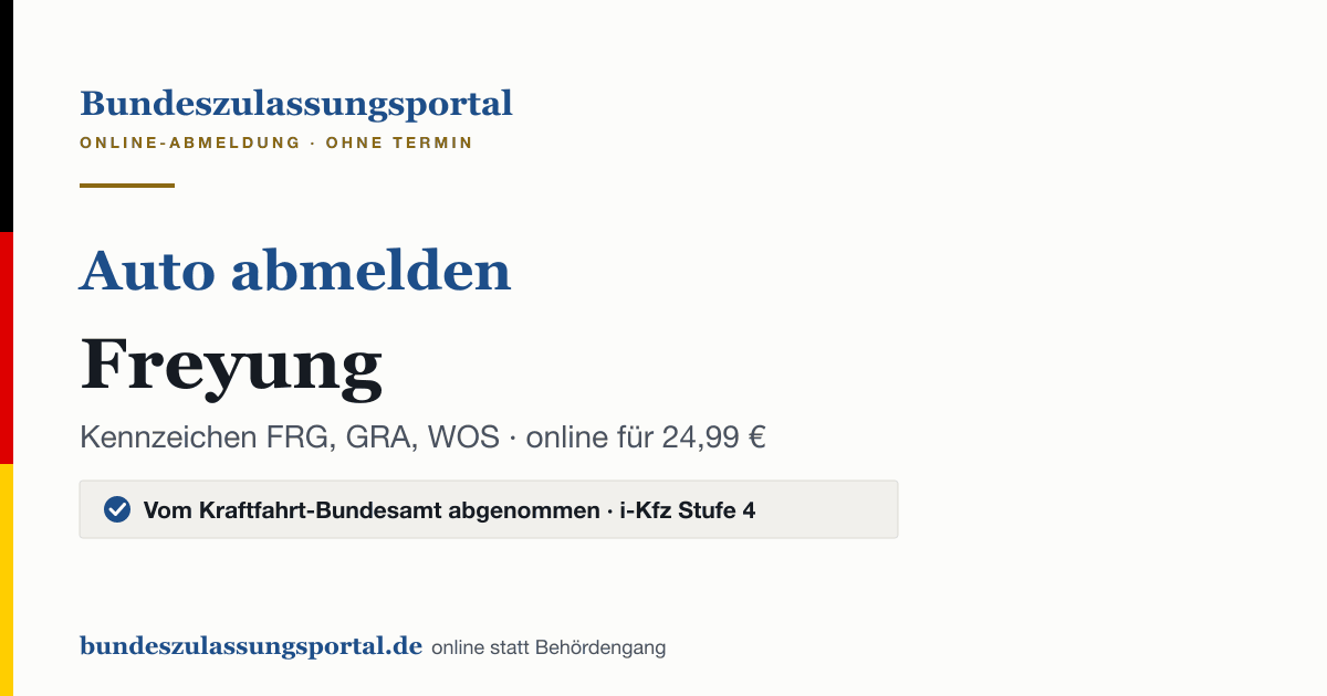 Auto abmelden Freyung online (Kennzeichen FRG, GRA, WOS): Grafik des Bundes Zulassungsportals, 24,99 € inklusive Gebühren