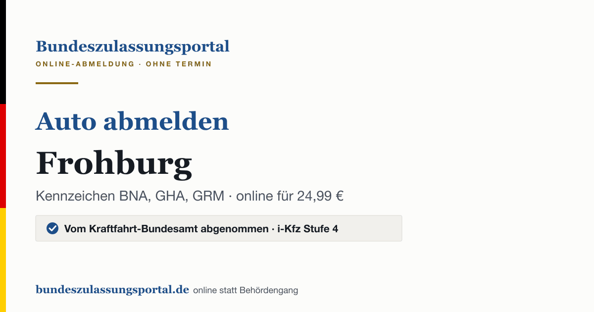 Auto abmelden Frohburg online (Kennzeichen BNA, GHA, GRM): Grafik des Bundes Zulassungsportals, 24,99 € inklusive Gebühren