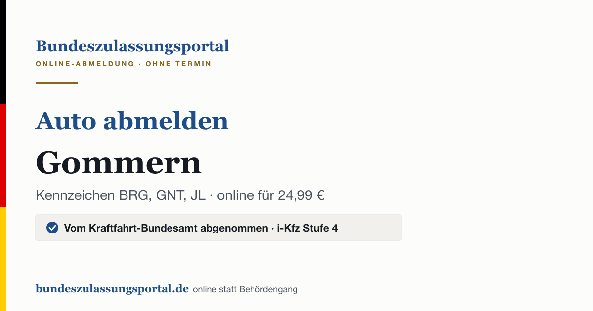 Auto abmelden Gommern online (Kennzeichen BRG, GNT, JL): Grafik des Bundes Zulassungsportals, 24,99 € inklusive Gebühren