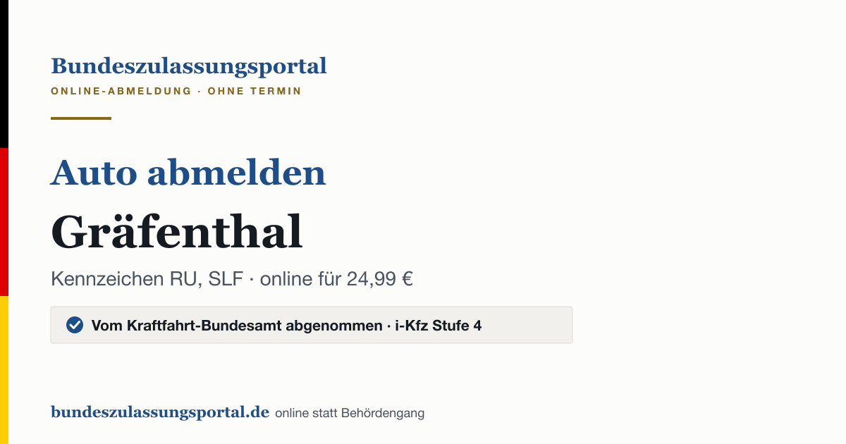 Auto abmelden Gräfenthal online (Kennzeichen RU, SLF): Grafik des Bundes Zulassungsportals, 24,99 € inklusive Gebühren