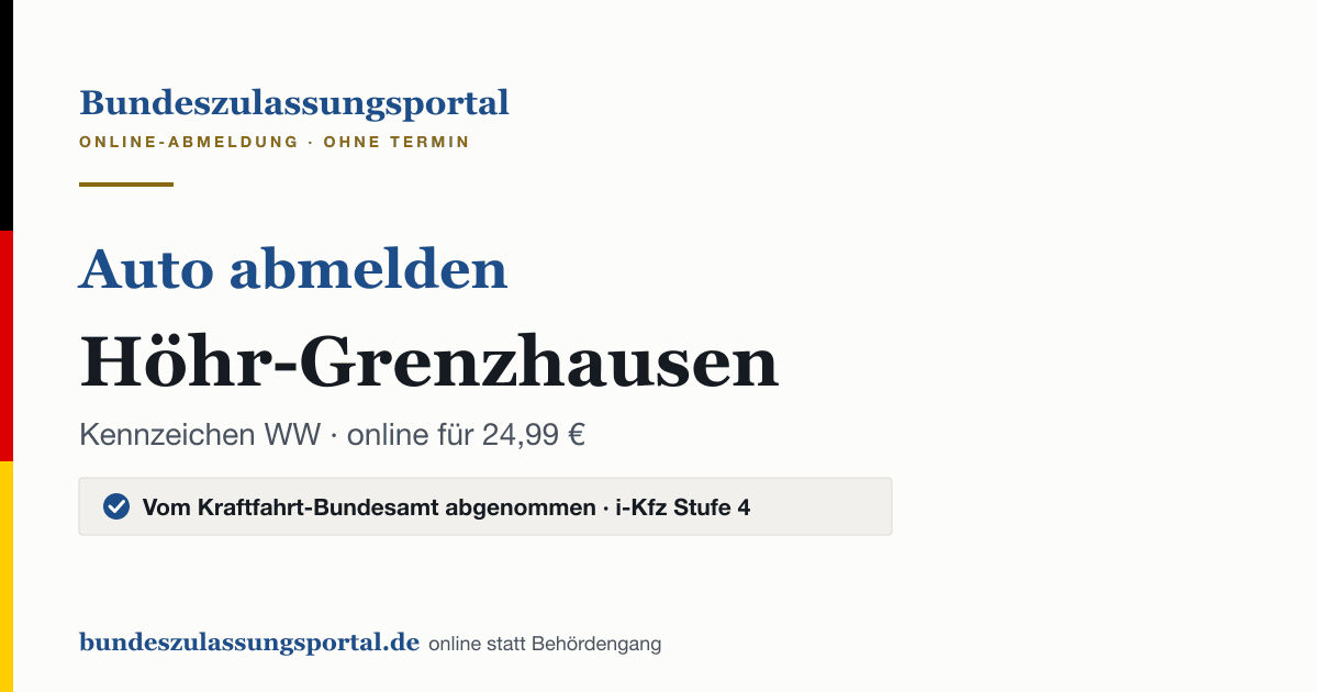 Auto abmelden Höhr-Grenzhausen online (Kennzeichen WW): Grafik des Bundes Zulassungsportals, 24,99 € inklusive Gebühren