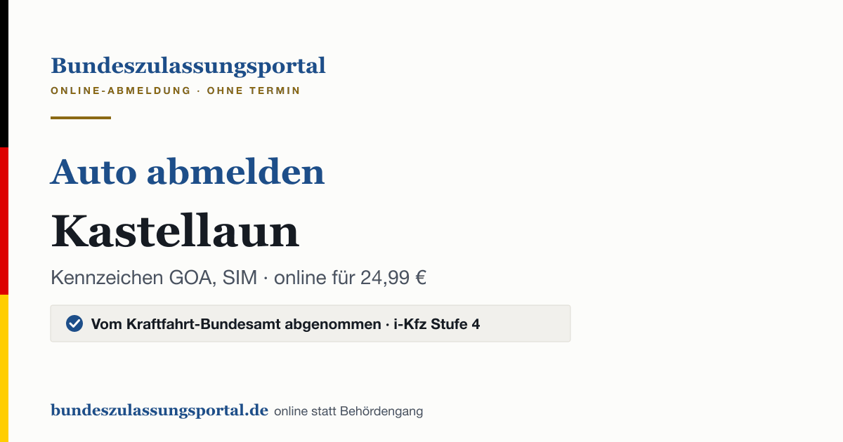 Auto abmelden Kastellaun online (Kennzeichen GOA, SIM): Grafik des Bundes Zulassungsportals, 24,99 € inklusive Gebühren