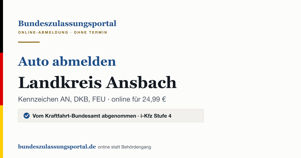 Auto abmelden Landkreis Ansbach online (Kennzeichen AN, DKB, FEU): Grafik des Bundes Zulassungsportals, 24,99 € inklusive Gebühren
