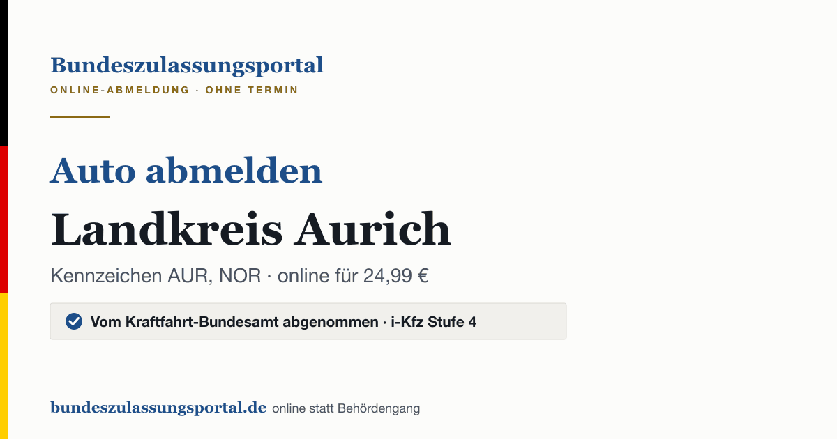 Auto abmelden Landkreis Aurich online (Kennzeichen AUR, NOR): Grafik des Bundes Zulassungsportals, 24,99 € inklusive Gebühren