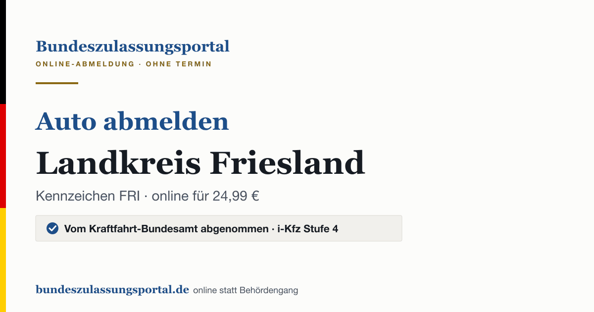 Auto abmelden Landkreis Friesland online (Kennzeichen FRI): Grafik des Bundes Zulassungsportals, 24,99 € inklusive Gebühren