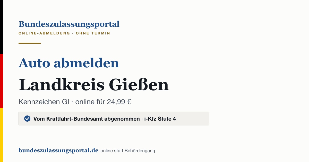 Auto abmelden Landkreis Gießen online (Kennzeichen GI): Grafik des Bundes Zulassungsportals, 24,99 € inklusive Gebühren