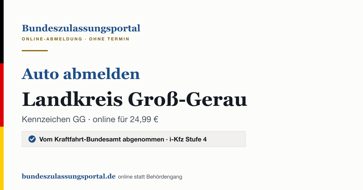 Auto abmelden Landkreis Groß-Gerau online (Kennzeichen GG): Grafik des Bundes Zulassungsportals, 24,99 € inklusive Gebühren
