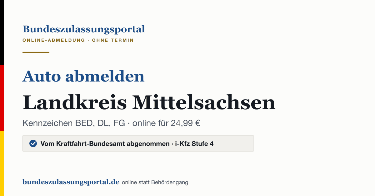 Auto abmelden Landkreis Mittelsachsen online (Kennzeichen BED, DL, FG): Grafik des Bundes Zulassungsportals, 24,99 € inklusive Gebühren