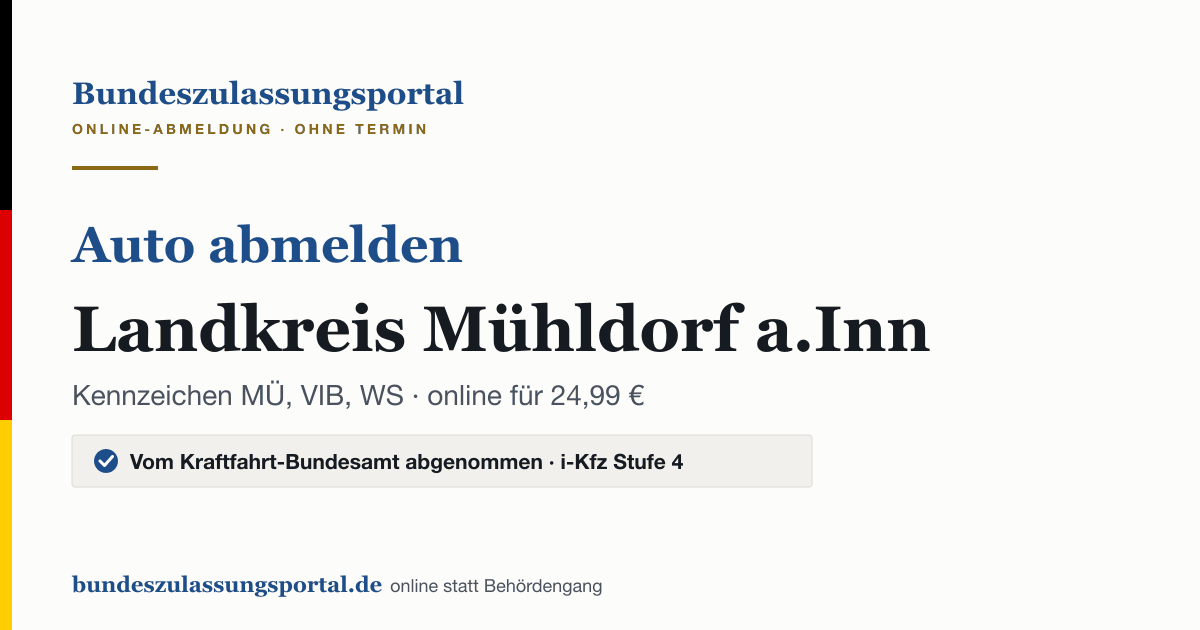 Auto abmelden Landkreis Mühldorf a.Inn online (Kennzeichen MÜ, VIB, WS): Grafik des Bundes Zulassungsportals, 24,99 € inklusive Gebühren
