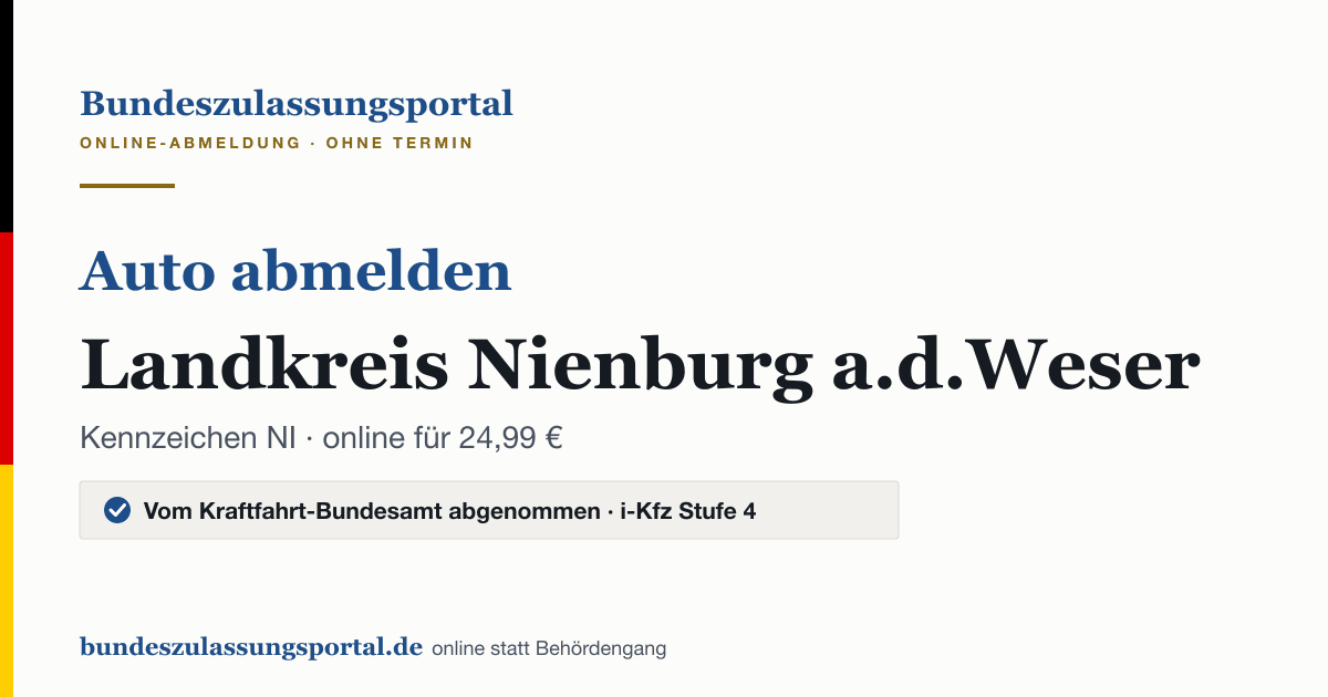 Auto abmelden Landkreis Nienburg a.d.Weser online (Kennzeichen NI): Grafik des Bundes Zulassungsportals, 24,99 € inklusive Gebühren