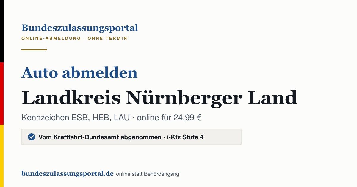 Auto abmelden Landkreis Nürnberger Land online (Kennzeichen ESB, HEB, LAU): Grafik des Bundes Zulassungsportals, 24,99 € inklusive Gebühren