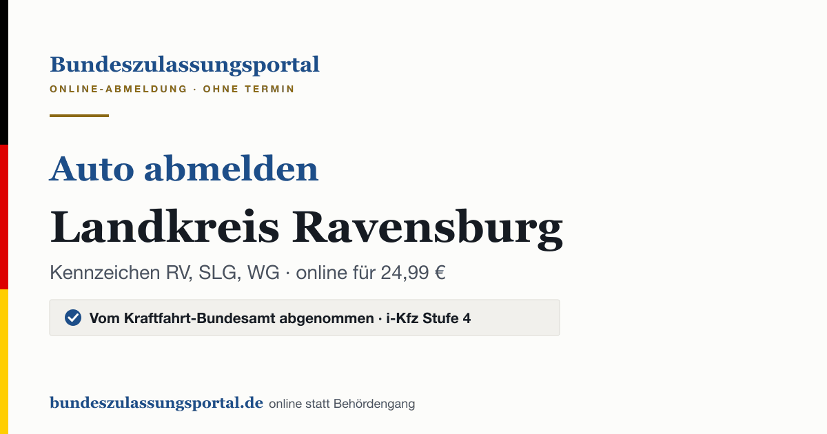 Auto abmelden Landkreis Ravensburg online (Kennzeichen RV, SLG, WG): Grafik des Bundes Zulassungsportals, 24,99 € inklusive Gebühren