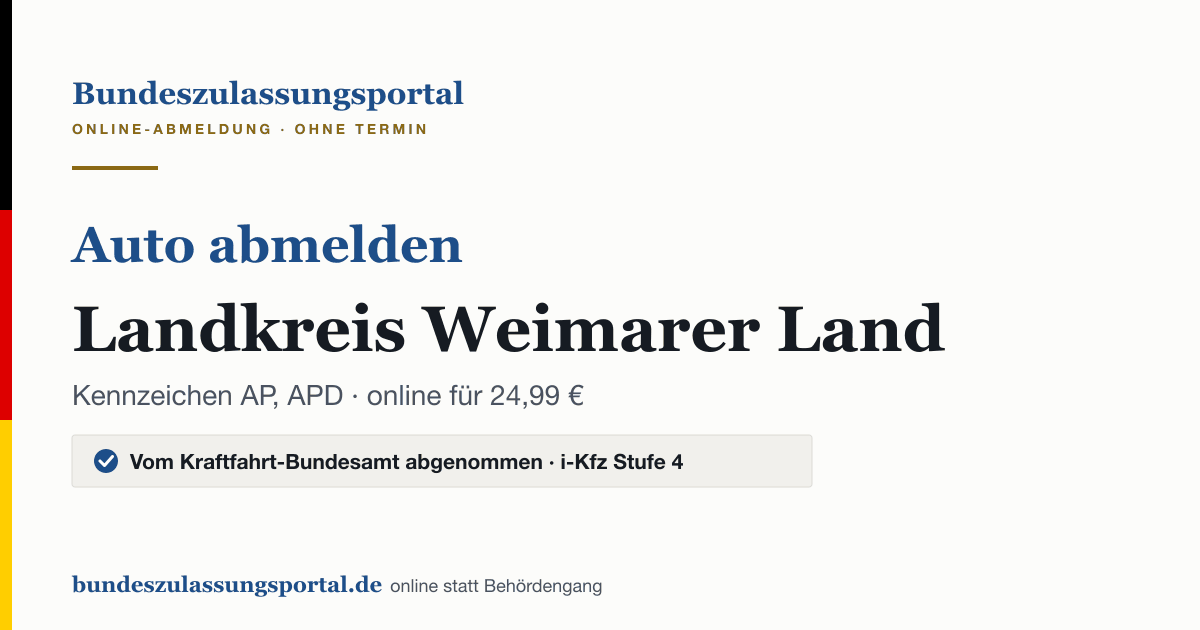 Auto abmelden Landkreis Weimarer Land online (Kennzeichen AP, APD): Grafik des Bundes Zulassungsportals, 24,99 € inklusive Gebühren