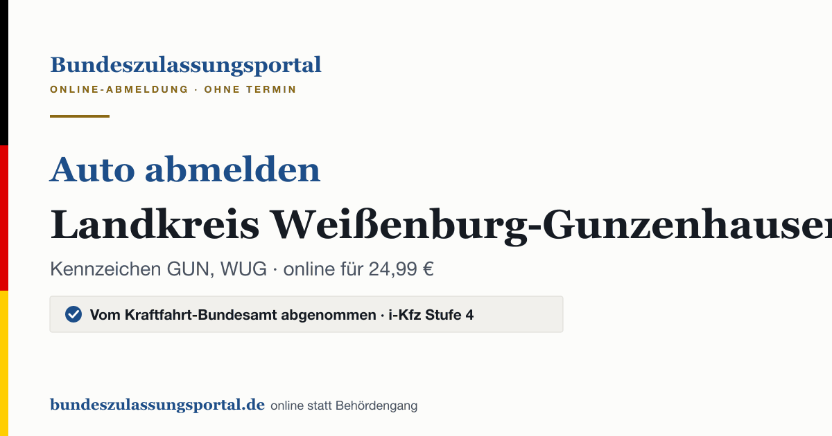 Auto abmelden Landkreis Weißenburg-Gunzenhausen online (Kennzeichen GUN, WUG): Grafik des Bundes Zulassungsportals, 24,99 € inklusive Gebühren