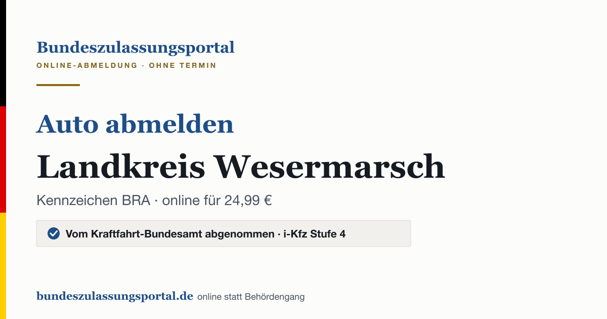 Auto abmelden Landkreis Wesermarsch online (Kennzeichen BRA): Grafik des Bundes Zulassungsportals, 24,99 € inklusive Gebühren