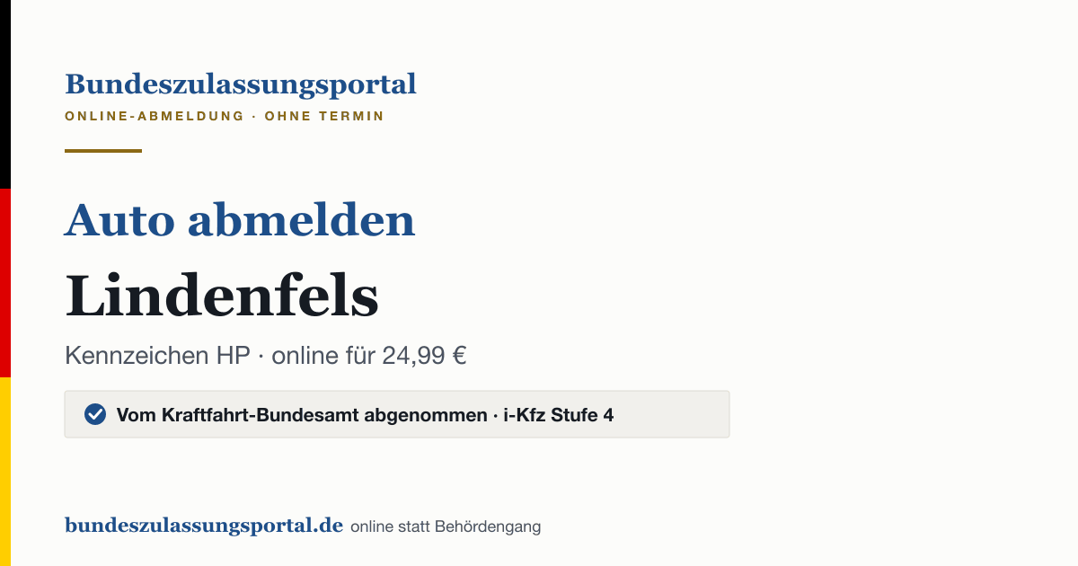 Auto abmelden Lindenfels online (Kennzeichen HP): Grafik des Bundes Zulassungsportals, 24,99 € inklusive Gebühren