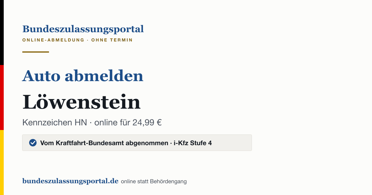 Auto abmelden Löwenstein online (Kennzeichen HN): Grafik des Bundes Zulassungsportals, 24,99 € inklusive Gebühren