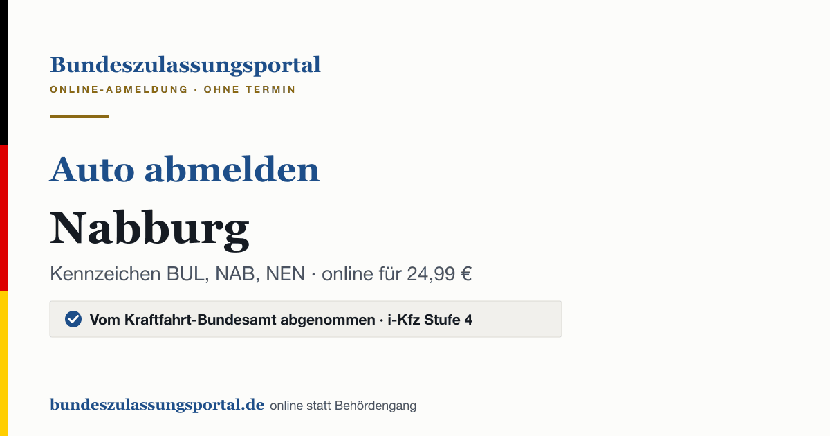 Auto abmelden Nabburg online (Kennzeichen BUL, NAB, NEN): Grafik des Bundes Zulassungsportals, 24,99 € inklusive Gebühren