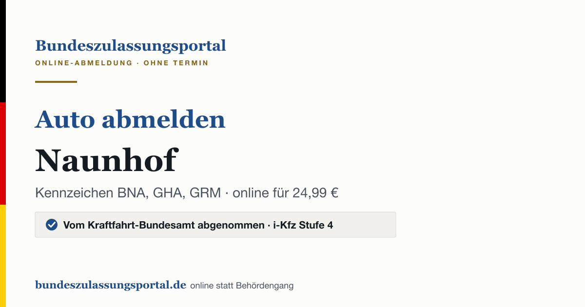 Auto abmelden Naunhof online (Kennzeichen BNA, GHA, GRM): Grafik des Bundes Zulassungsportals, 24,99 € inklusive Gebühren