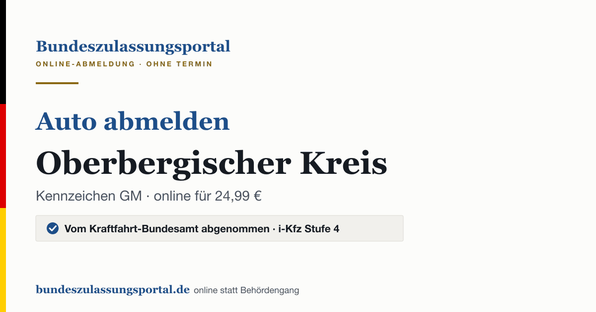 Auto abmelden Oberbergischer Kreis online (Kennzeichen GM): Grafik des Bundes Zulassungsportals, 24,99 € inklusive Gebühren