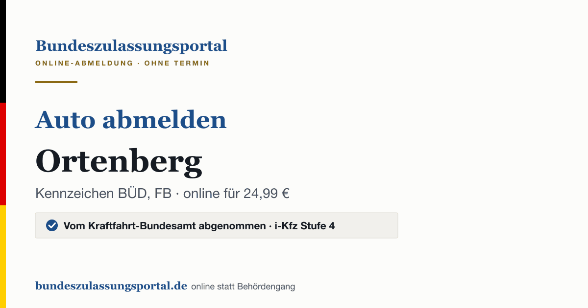 Auto abmelden Ortenberg online (Kennzeichen BÜD, FB): Grafik des Bundes Zulassungsportals, 24,99 € inklusive Gebühren