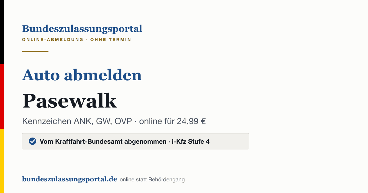 Auto abmelden Pasewalk online (Kennzeichen ANK, GW, OVP): Grafik des Bundes Zulassungsportals, 24,99 € inklusive Gebühren