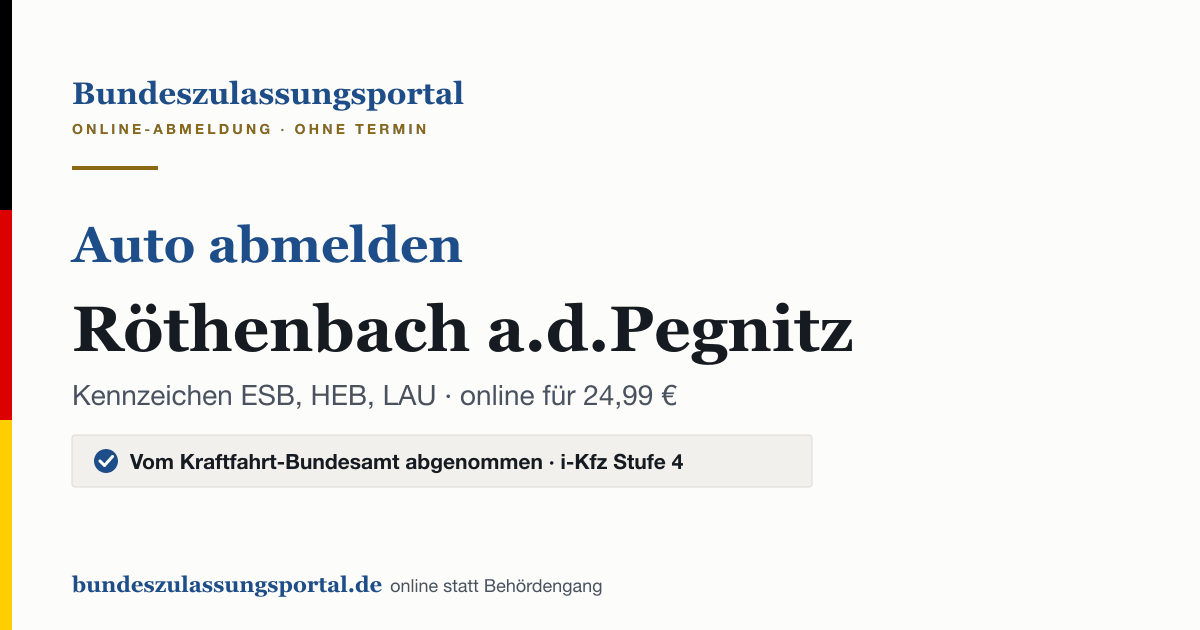 Auto abmelden Röthenbach a.d.Pegnitz online (Kennzeichen ESB, HEB, LAU): Grafik des Bundes Zulassungsportals, 24,99 € inklusive Gebühren