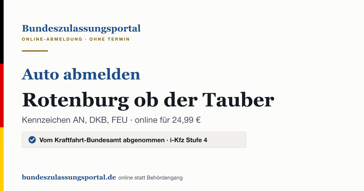 Auto abmelden Rotenburg ob der Tauber online (Kennzeichen AN, DKB, FEU): Grafik des Bundes Zulassungsportals, 24,99 € inklusive Gebühren