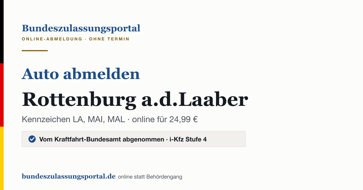 Auto abmelden Rottenburg a.d.Laaber online (Kennzeichen LA, MAI, MAL): Grafik des Bundes Zulassungsportals, 24,99 € inklusive Gebühren