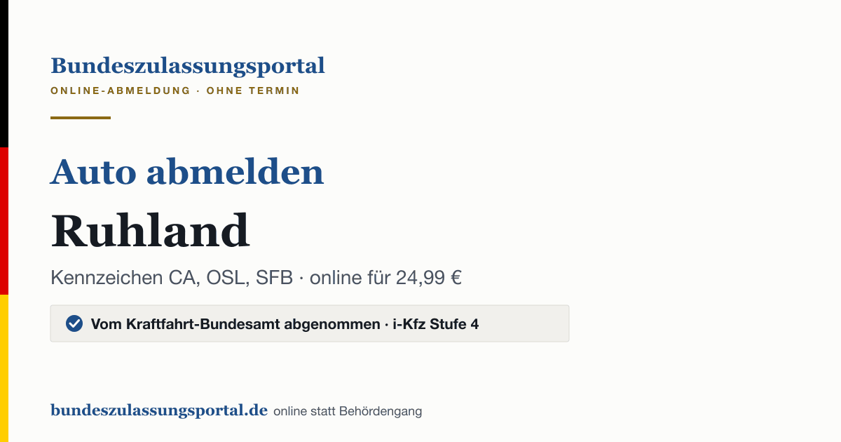 Auto abmelden Ruhland online (Kennzeichen CA, OSL, SFB): Grafik des Bundes Zulassungsportals, 24,99 € inklusive Gebühren