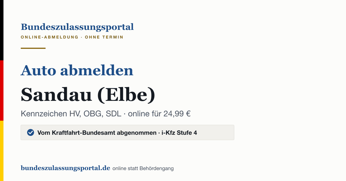 Auto abmelden Sandau (Elbe) online (Kennzeichen HV, OBG, SDL): Grafik des Bundes Zulassungsportals, 24,99 € inklusive Gebühren
