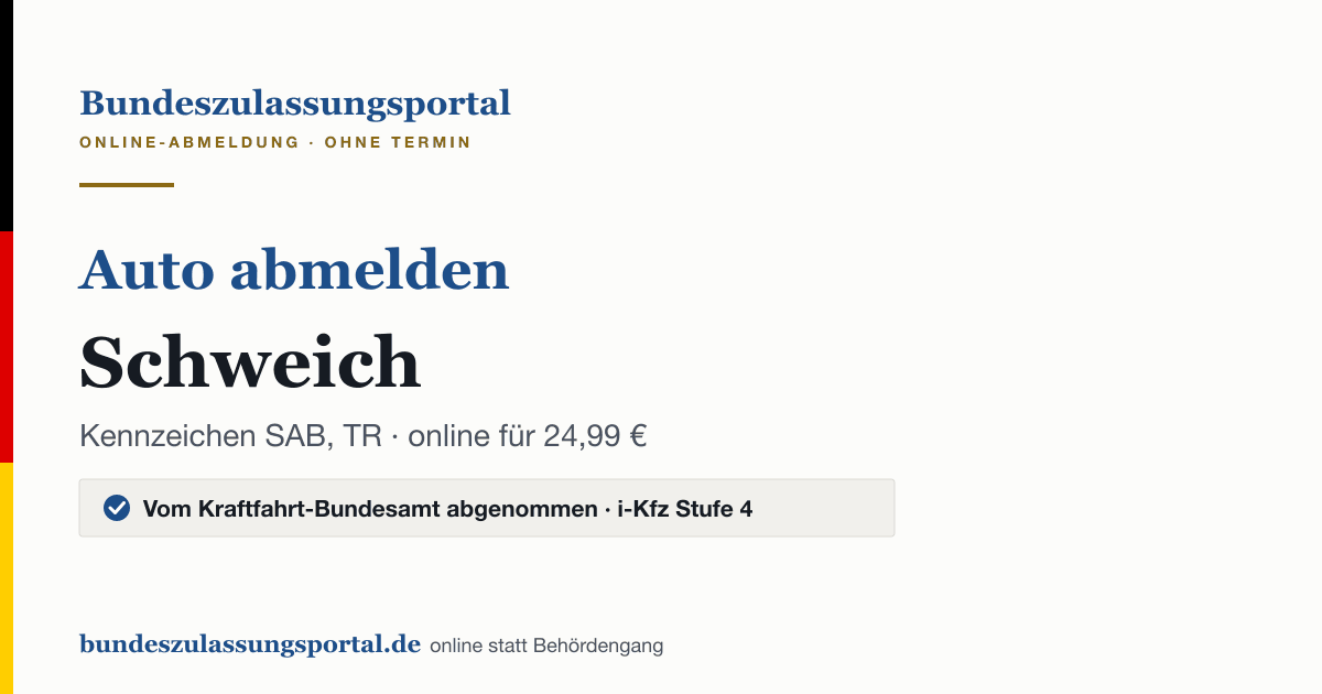 Auto abmelden Schweich online (Kennzeichen SAB, TR): Grafik des Bundes Zulassungsportals, 24,99 € inklusive Gebühren