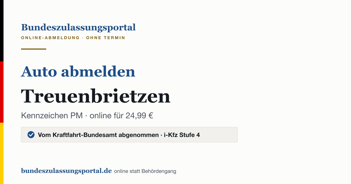 Auto abmelden Treuenbrietzen online (Kennzeichen PM): Grafik des Bundes Zulassungsportals, 24,99 € inklusive Gebühren