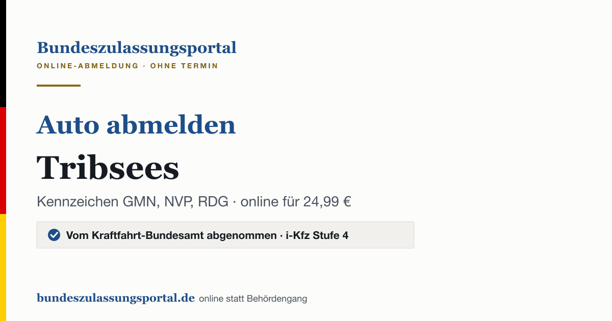 Auto abmelden Tribsees online (Kennzeichen GMN, NVP, RDG): Grafik des Bundes Zulassungsportals, 24,99 € inklusive Gebühren