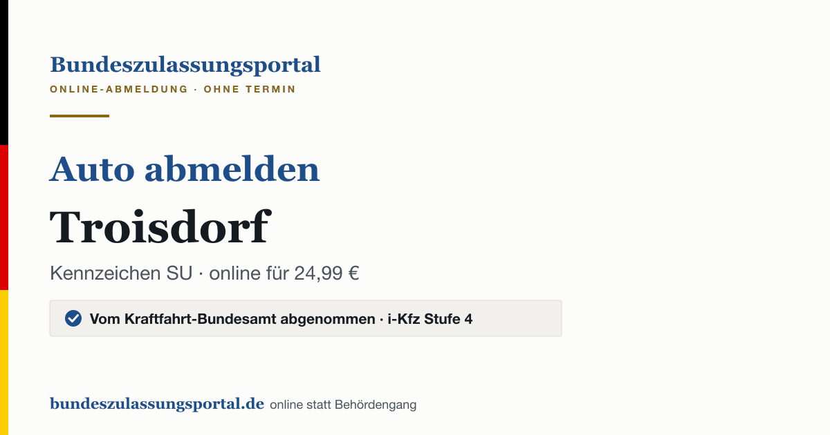 Auto abmelden Troisdorf online (Kennzeichen SU): Grafik des Bundes Zulassungsportals, 24,99 € inklusive Gebühren