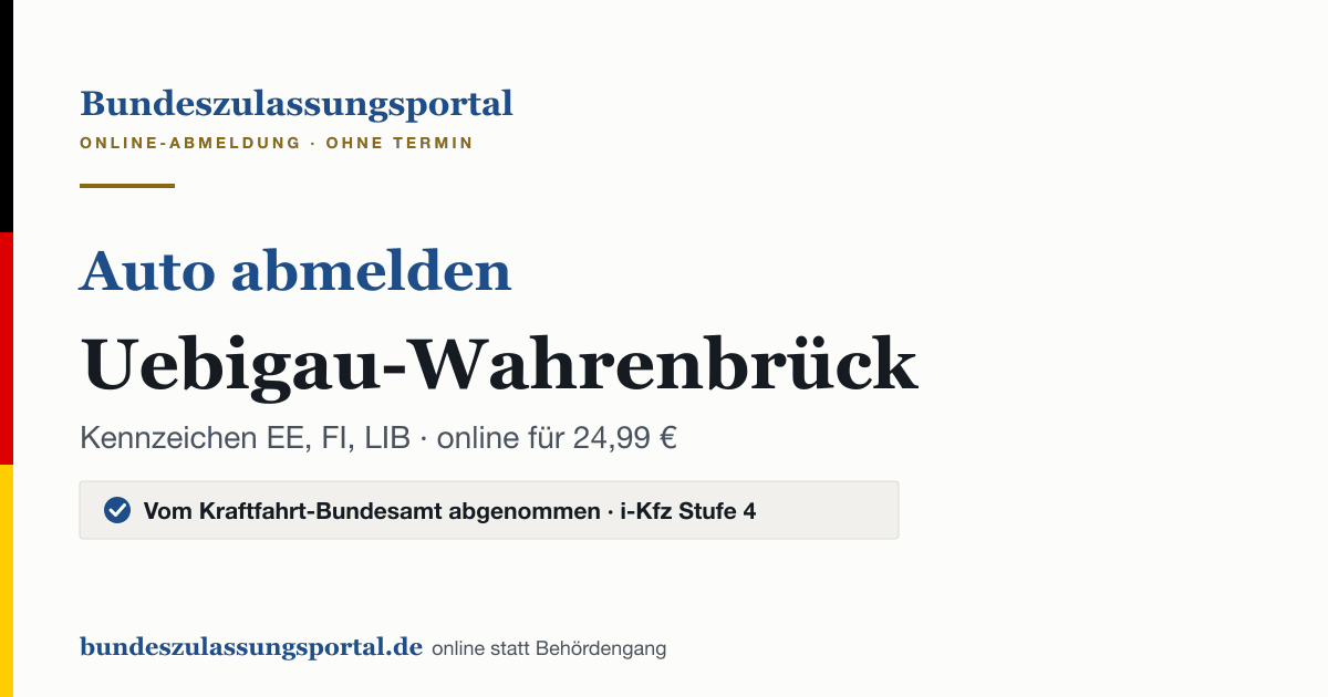 Auto abmelden Uebigau-Wahrenbrück online (Kennzeichen EE, FI, LIB): Grafik des Bundes Zulassungsportals, 24,99 € inklusive Gebühren