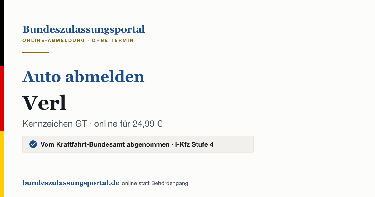Auto abmelden Verl online (Kennzeichen GT): Grafik des Bundes Zulassungsportals, 24,99 € inklusive Gebühren