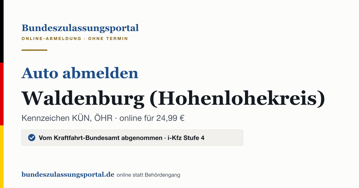 Auto abmelden Waldenburg (Hohenlohekreis) online (Kennzeichen KÜN, ÖHR): Grafik des Bundes Zulassungsportals, 24,99 € inklusive Gebühren