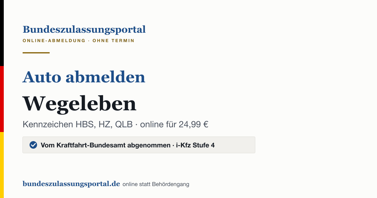 Auto abmelden Wegeleben online (Kennzeichen HBS, HZ, QLB): Grafik des Bundes Zulassungsportals, 24,99 € inklusive Gebühren