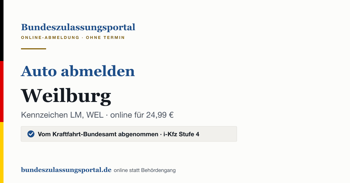 Auto abmelden Weilburg online (Kennzeichen LM, WEL): Grafik des Bundes Zulassungsportals, 24,99 € inklusive Gebühren
